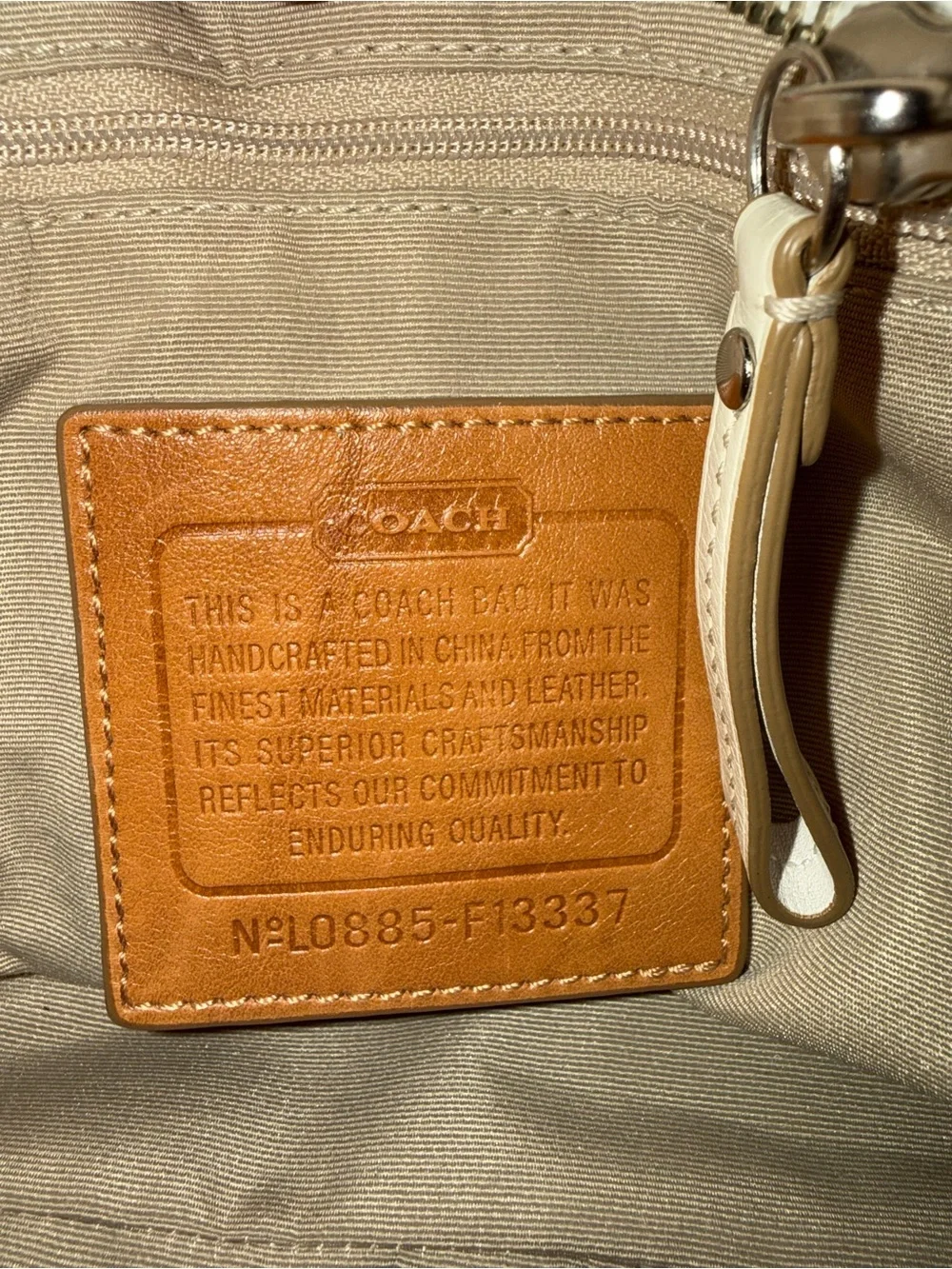Coach Beige Tan White Satchel Top Handle Bag with Logo Print & Metal Accents Y2K